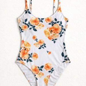 White One-Piece Swimsuit with Orange Floral Print
